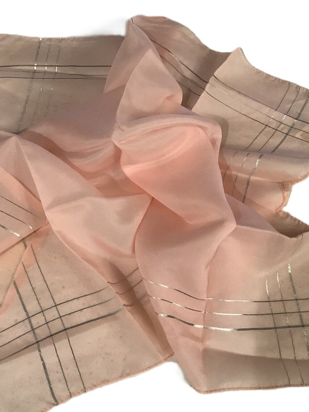 Vintage Scarf Pink Semi Sheer with Silver Crossed Lines